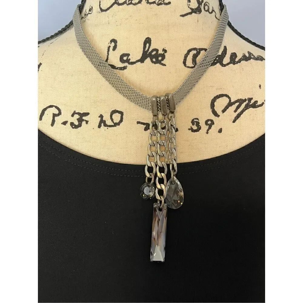 Free People Silver-Tone Mesh Chain Weave Necklace with Crystal Adorned Hanging C